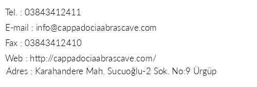 Cappadocia Abras Cave Hotel telefon numaralar, faks, e-mail, posta adresi ve iletiim bilgileri